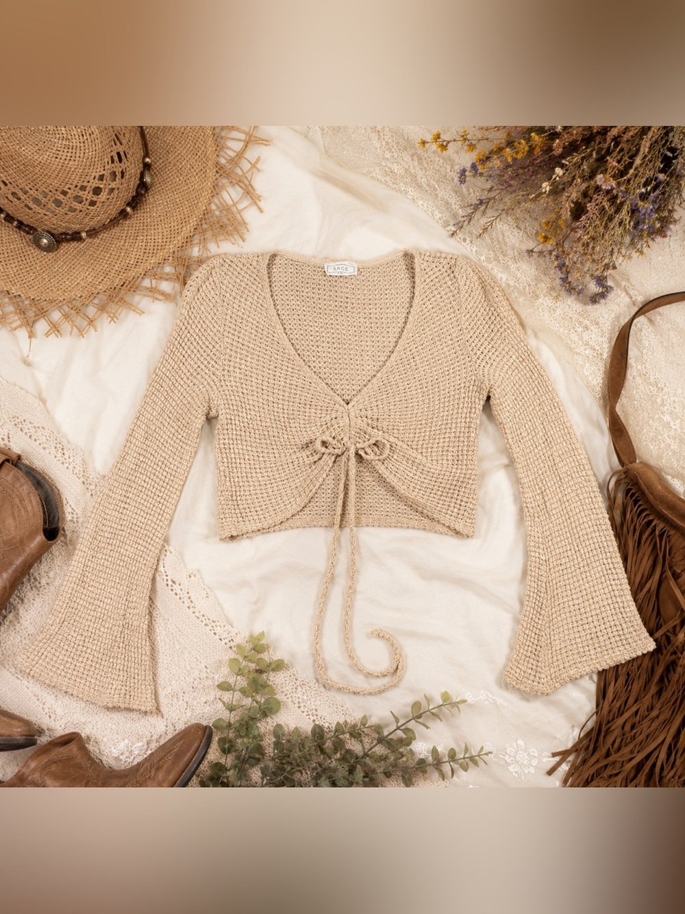 SAGE THE LABEL Beige Open-Knit Drawstring Pullover Sweater V-Neck M